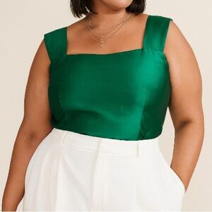 MARISA BARATELLI Kelly Green Thai Silk Cropped Tank Blouse Size 18